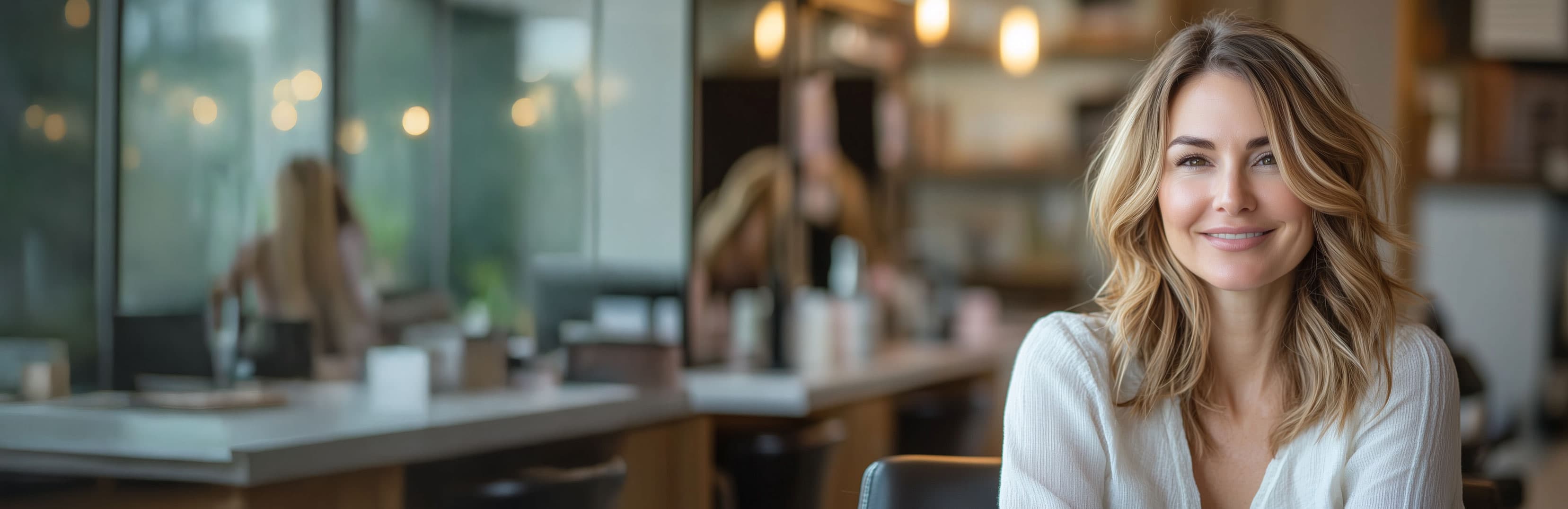 Happy client with freshly styled hair at Amy's Hair Styling